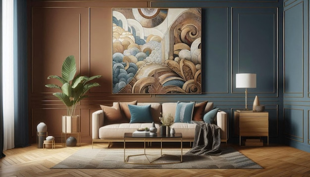 a living room with a couch and a painting on the wall