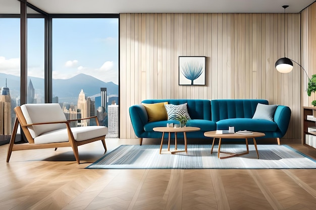 A living room with a couch and a picture of a cityscape.