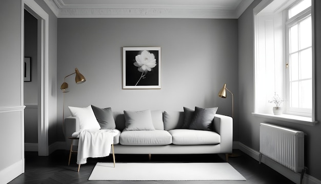 a living room with a couch and a picture of a flower on the wall