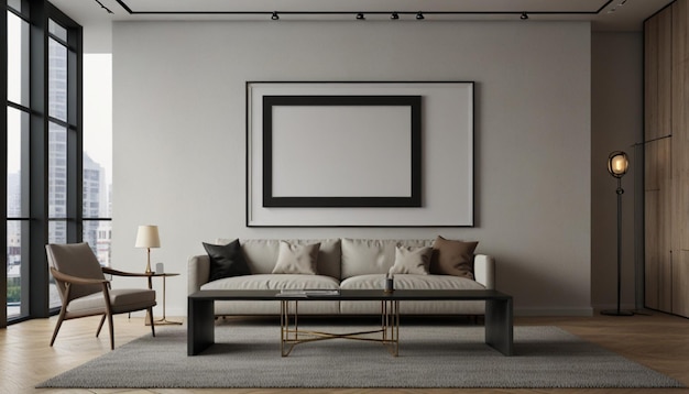 a living room with a couch and a picture frame on the wall