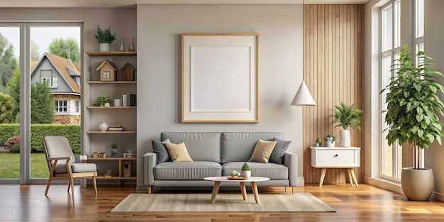 a living room with a couch and a picture frame