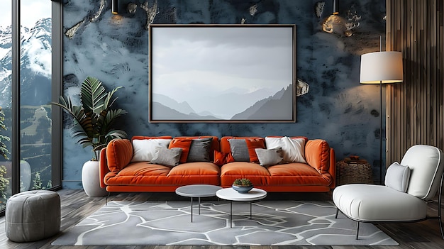 a living room with a couch and a picture of a mountain