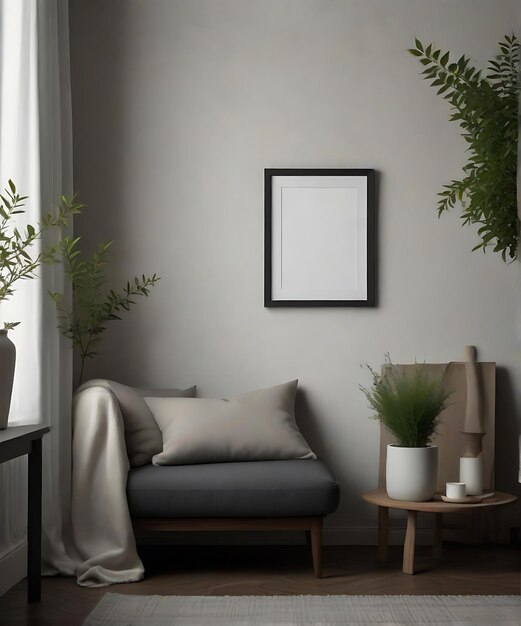 a living room with a couch and a picture on the wall