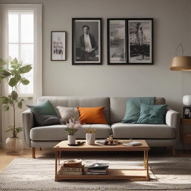 a living room with a couch and pictures on the wall