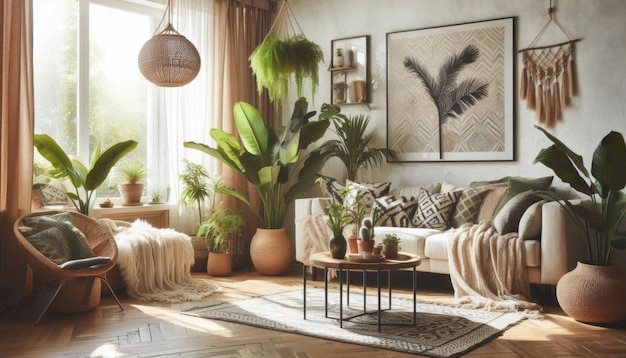 a living room with a couch a plant and a bird on the wall