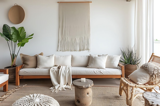 a living room with a couch a plant and a chair with a plant on it