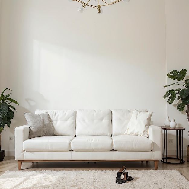 a living room with a couch and a plant in the corner