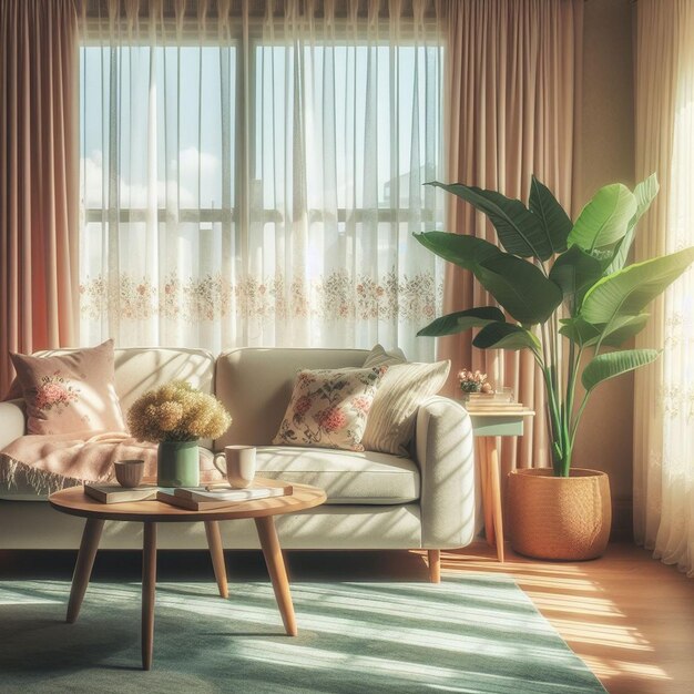 a living room with a couch and a plant in the corner