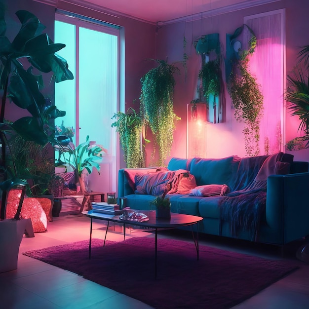 a living room with a couch and a plant in the corner