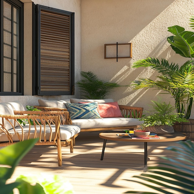 a living room with a couch and a plant in the corner