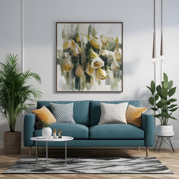 a living room with a couch and a plant in the corner