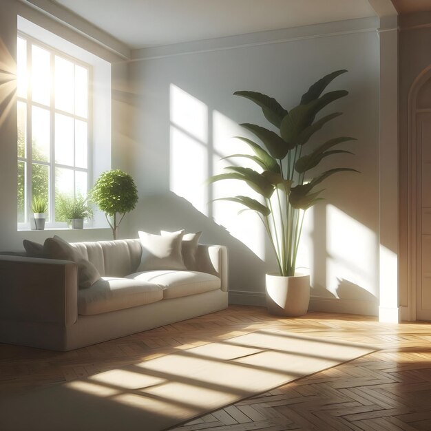 Photo a living room with a couch and a plant in the corner