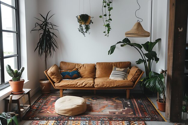 a living room with a couch and a plant in the corner