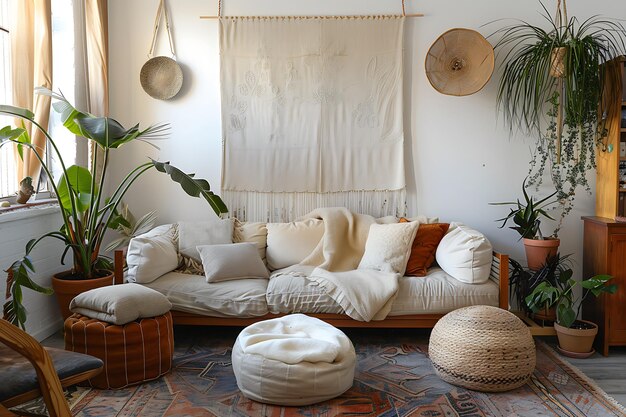 a living room with a couch and a plant in the corner