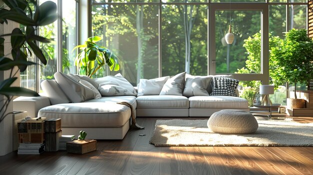 a living room with a couch and a plant in the corner