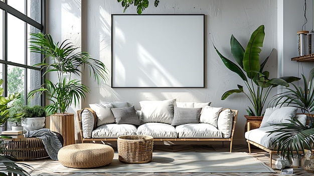 a living room with a couch and a plant in the corner