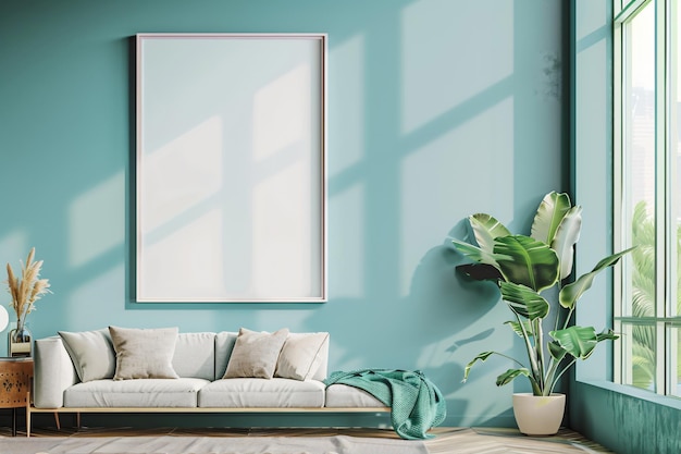 a living room with a couch and a plant in a pot