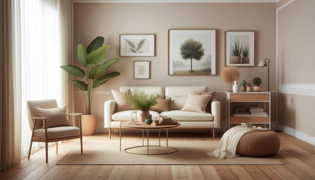 a living room with a couch a plant and a potted plant