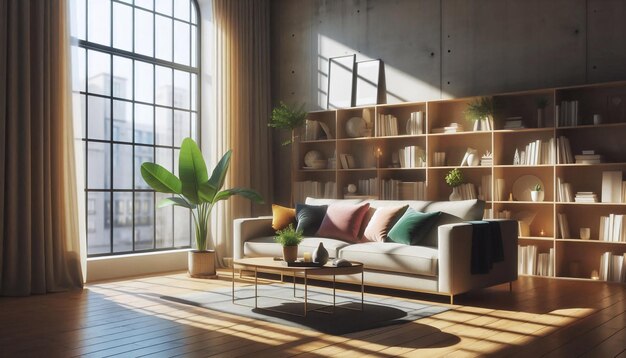 Photo a living room with a couch and a plant on the shelf