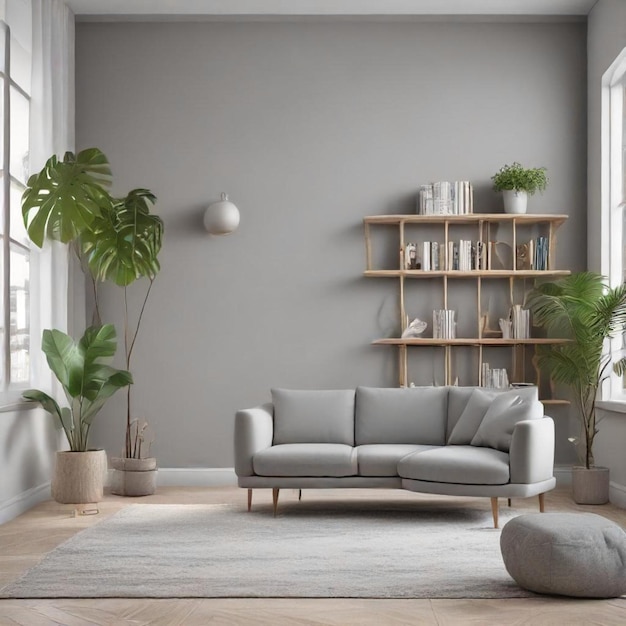 a living room with a couch and a plant on the shelf