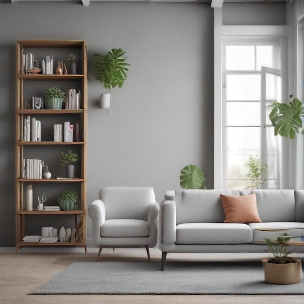 a living room with a couch and a plant on the shelf