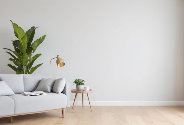 Photo a living room with a couch and a plant on the table