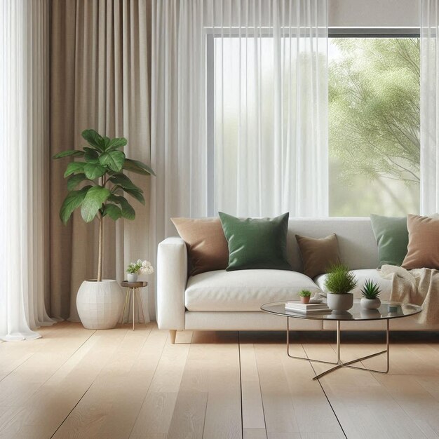 a living room with a couch and a plant on the table