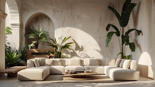 a living room with a couch and a plant on the table