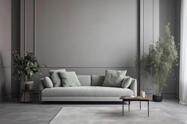 A living room with a couch and a plant on the table