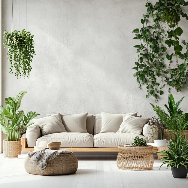 a living room with a couch and a plant on the table