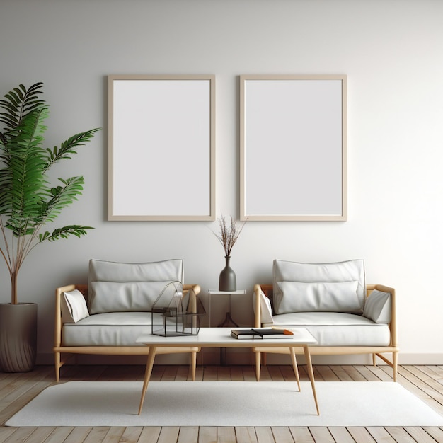 A living room with a couch and a plant on the wall