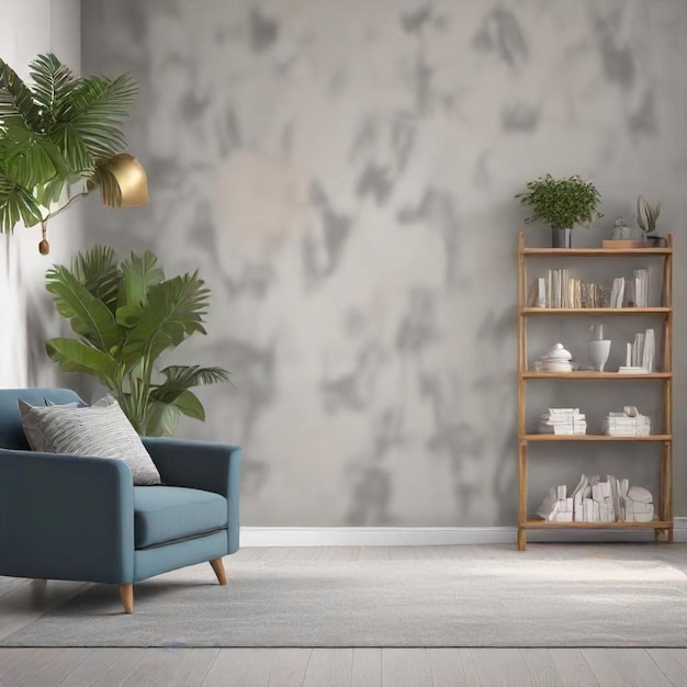 a living room with a couch and a plant on the wall