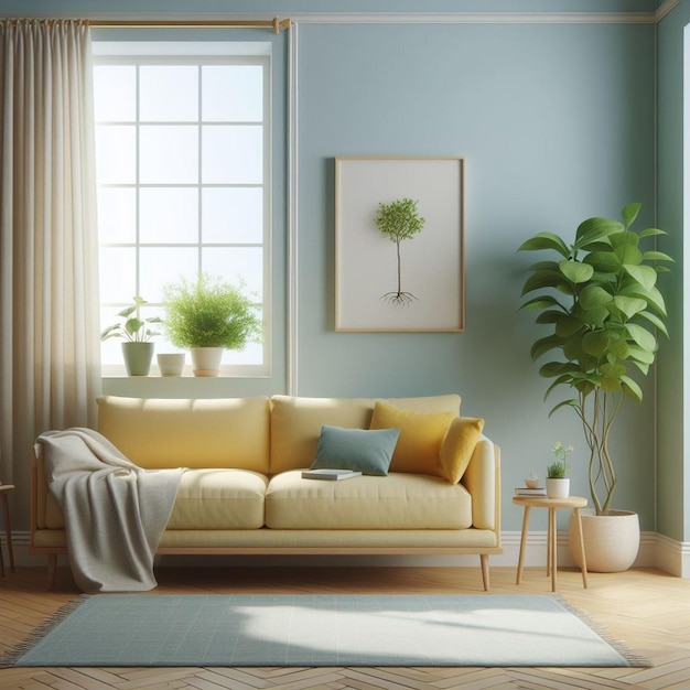 a living room with a couch and a plant on the wall