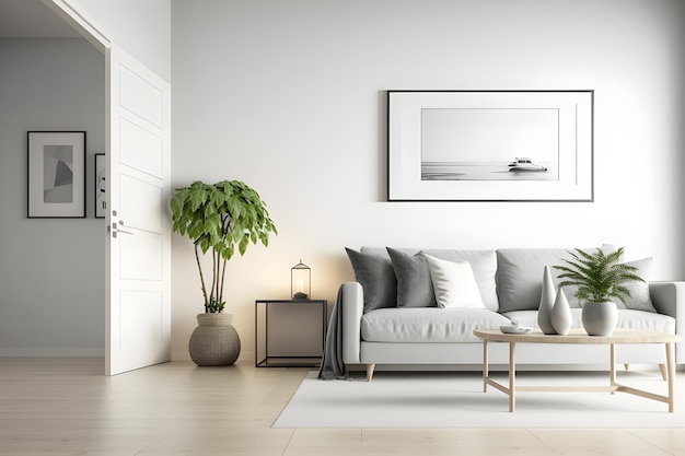 A living room with a couch and a plant on the wall