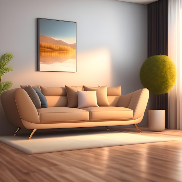 A living room with a couch and a plant on the wall