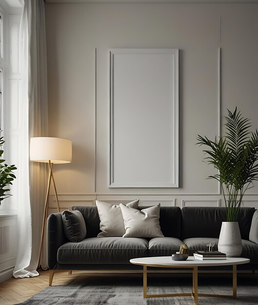 a living room with a couch and a plant on the wall