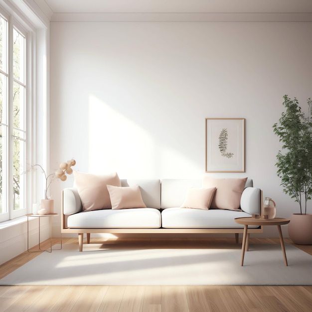 A living room with a couch and a plant on the wall