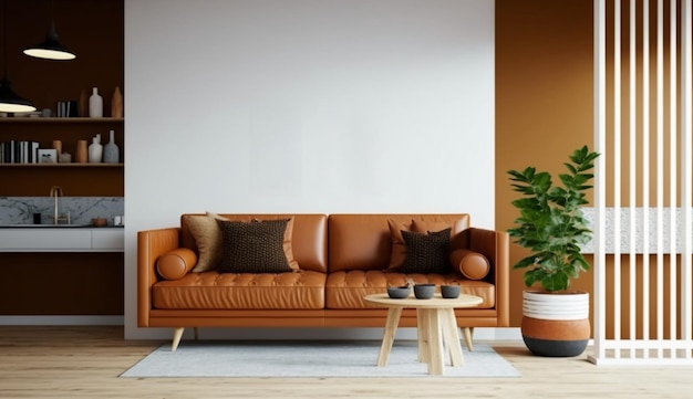 A living room with a couch and a plant on the wall.