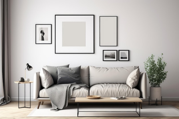 A living room with a couch and a plant on the wall.