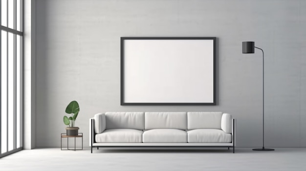 A living room with a couch and a plant on the wall.