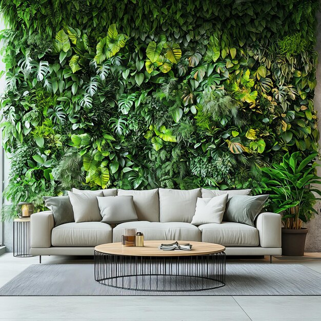 a living room with a couch and a plant on the wall