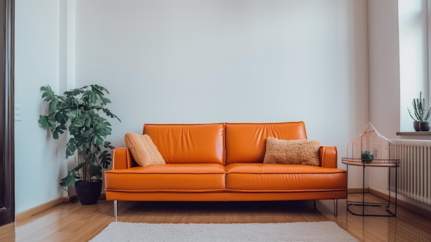 A living room with a couch and a plant