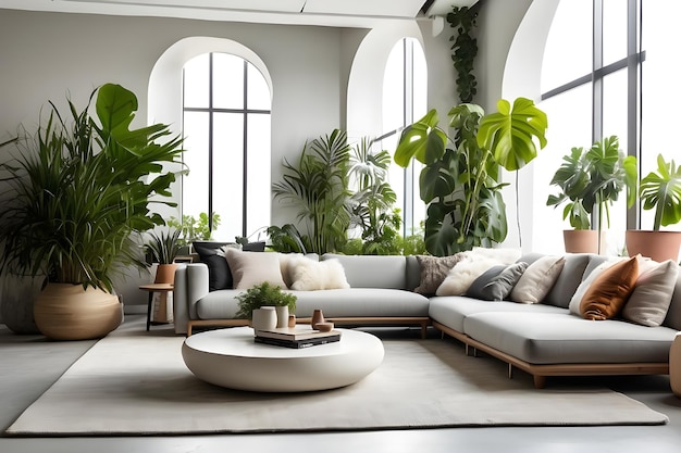 a living room with a couch plants and a coffee table