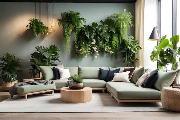 Photo a living room with a couch plants and a lamp