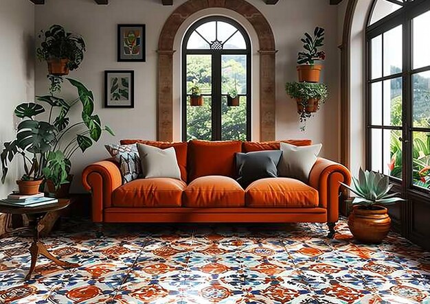 a living room with a couch and a potted plant on the floor