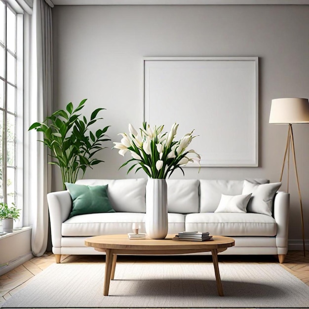 a living room with a couch a potted plant and a large picture of a plant