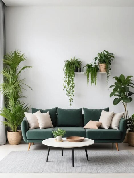 Photo a living room with a couch and a potted plant on the shelf