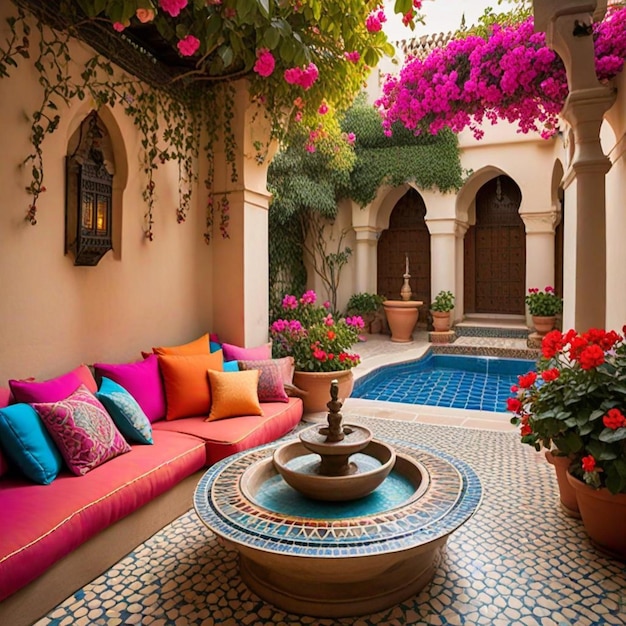 a living room with a couch and a potted plant on the table