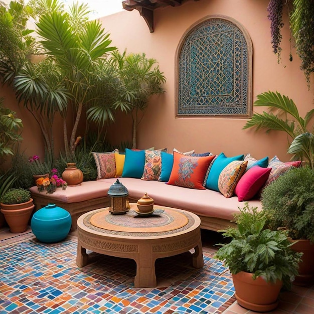 Photo a living room with a couch and a potted plant on the table