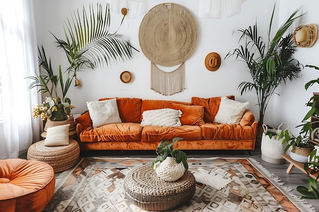 a living room with a couch and a potted plant